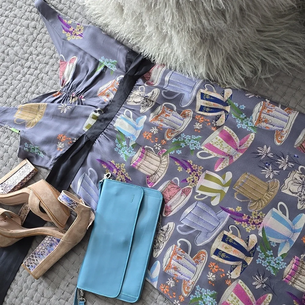 Anthropologie Dress By FLOREAT Teacup Print Purple Silk "Sugar & Cream Dress" - Picture 3 of 16